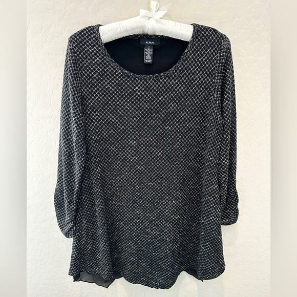 ALFANI | Black Print Waffle Textured Handkerchief Hem 3/4 Sleeve Top | Small - Picture 1 of 7